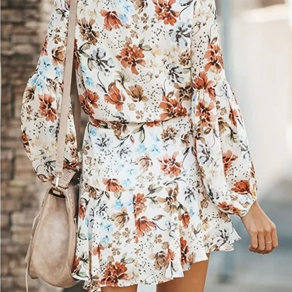 Women’s Chic Floral Button Front Mini Boho Dress - L